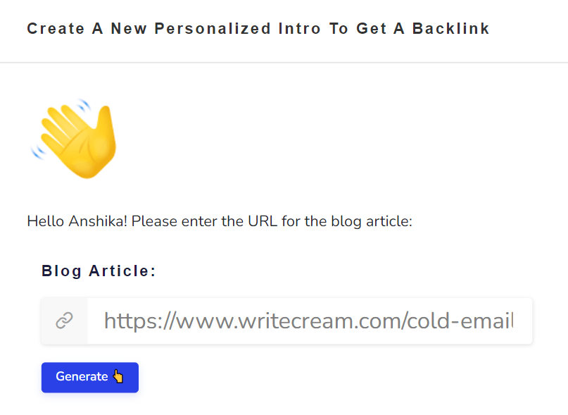 Writecream Backlink Assist example