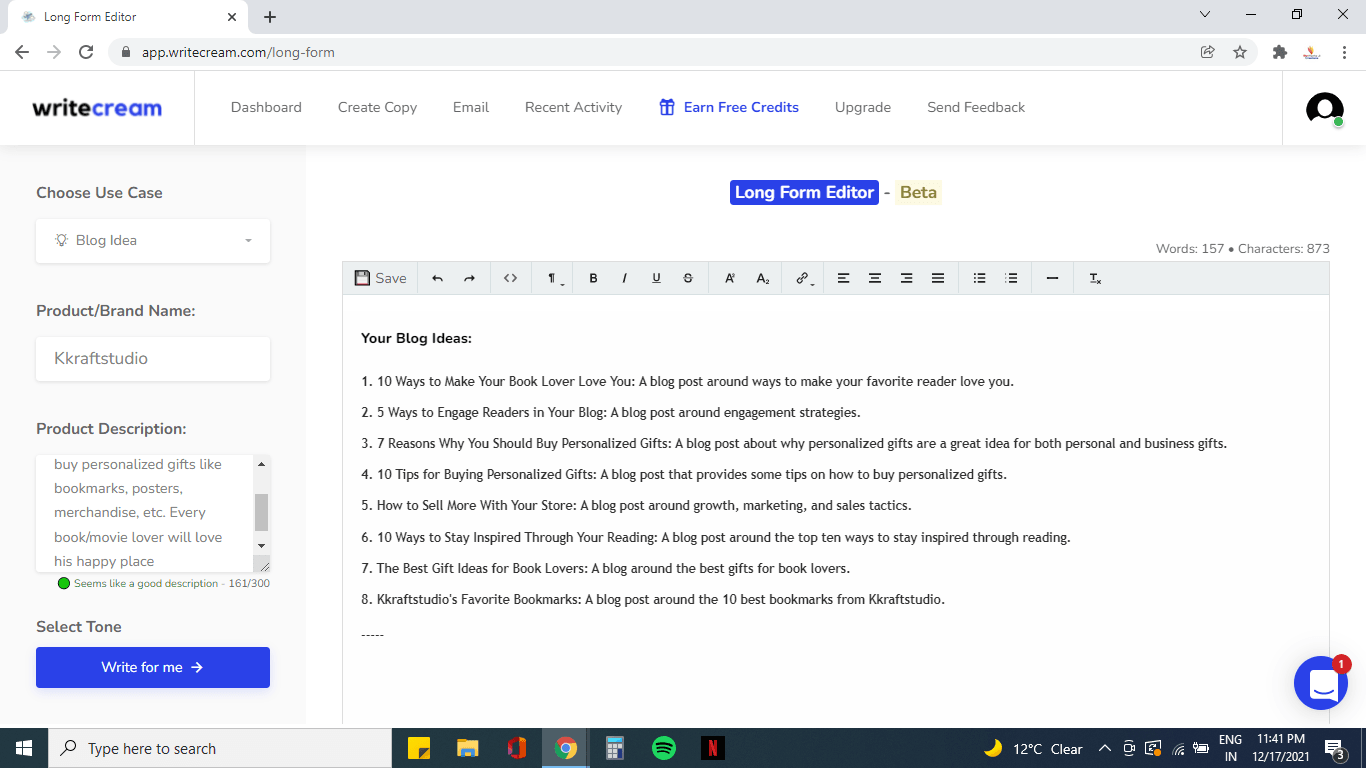 Writecream Blog Idea Output