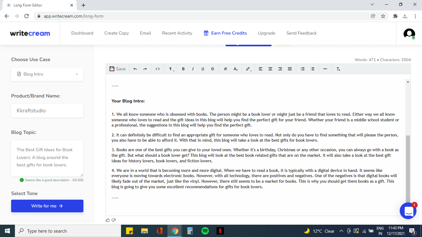 Writecream Blog Idea Output