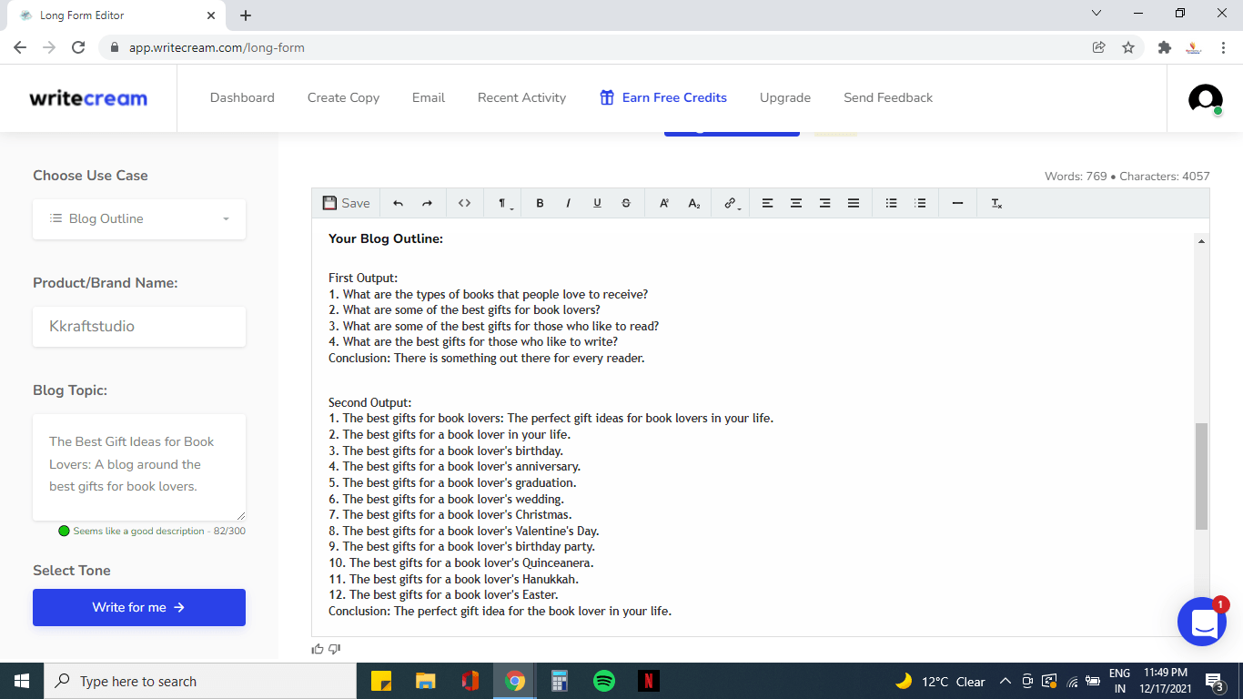 Writecream Blog Outline Output