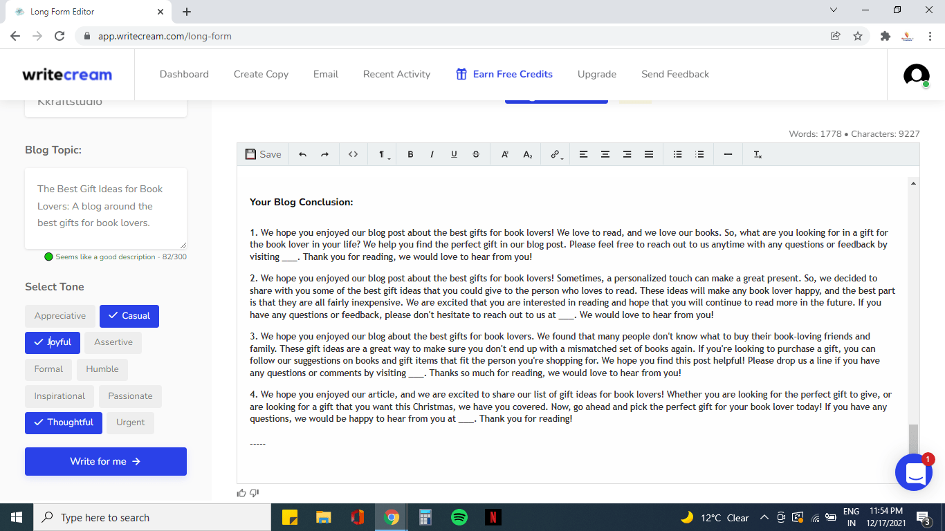 Writecream Blog Conclusion Output