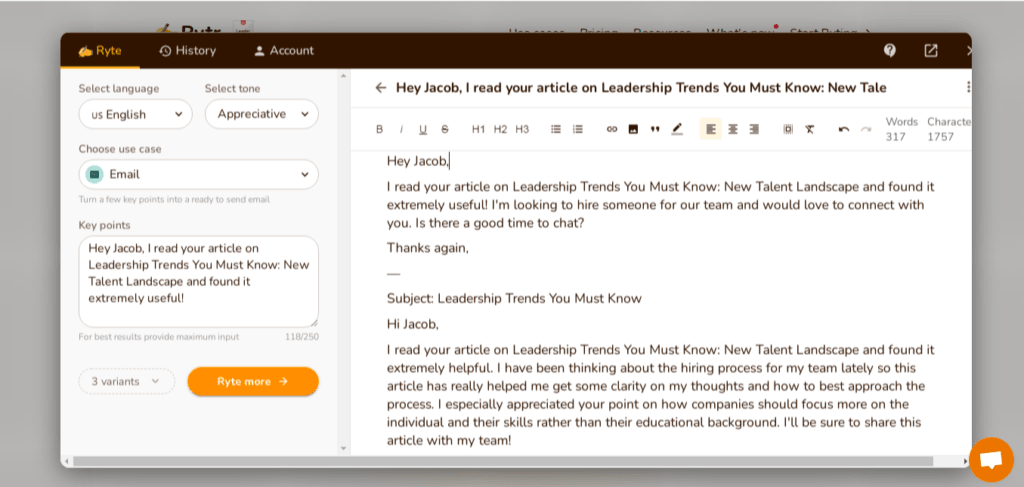Rytr Email Personalization Output