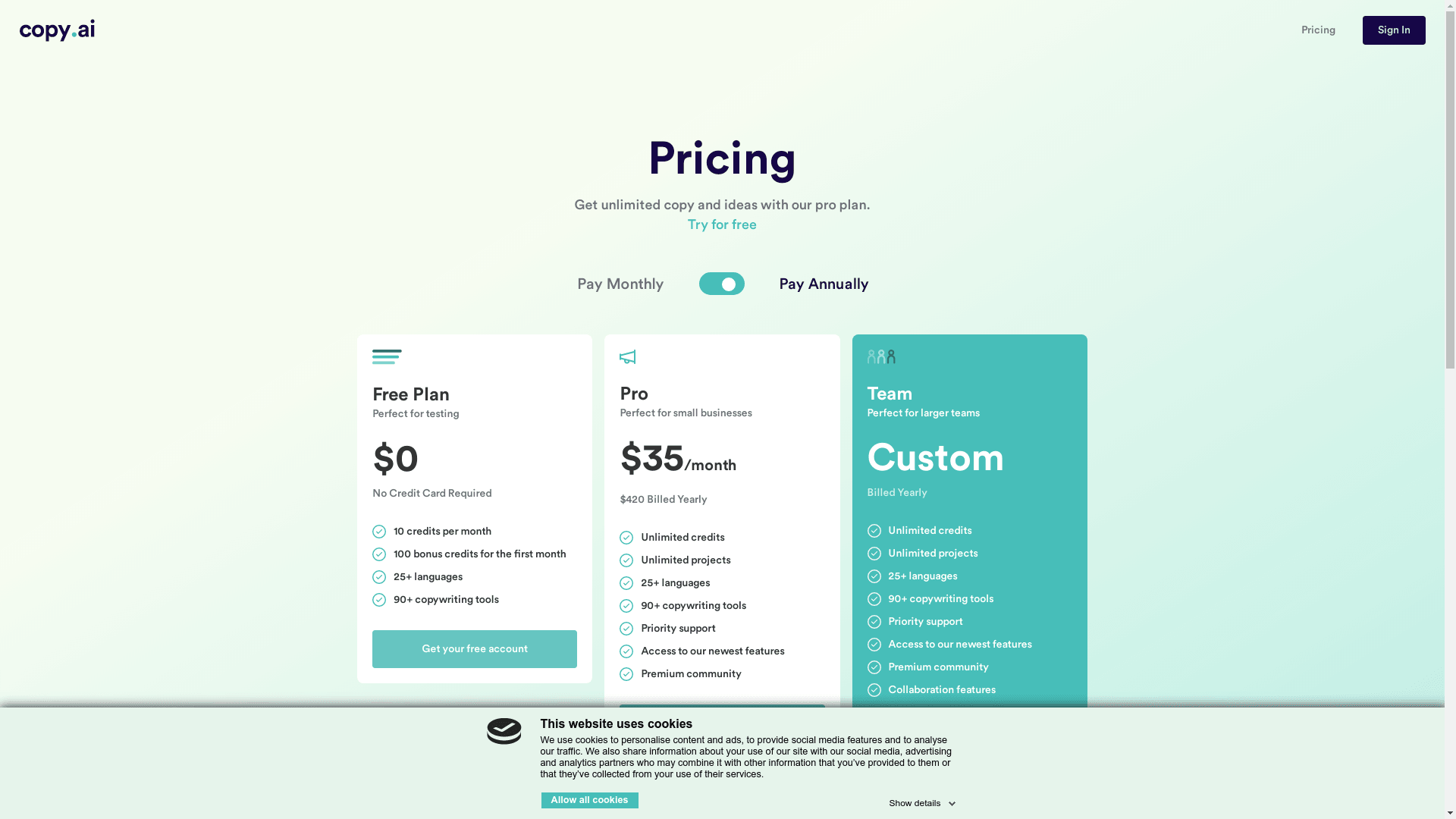 Copy.ai Pricing Plans Images