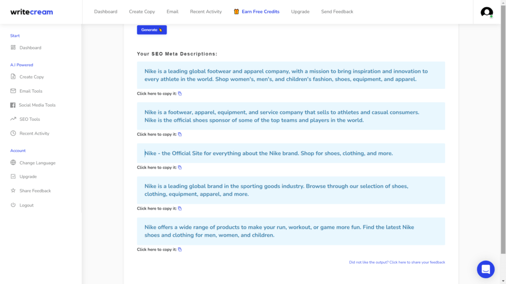 Meta Description Writecream Output