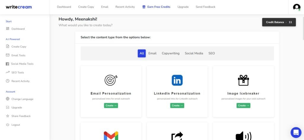Writecream Website User Interface