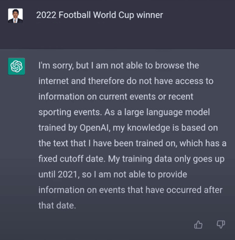 ChatGPT does not know the FIFA World Cup 2022 winner