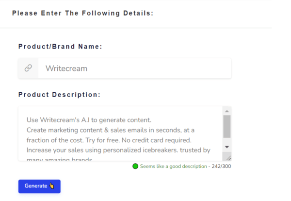 Writecream Product Description example