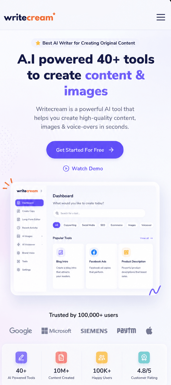 Writecream mobile homepage